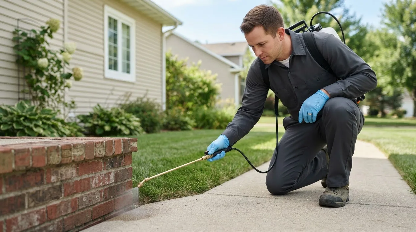 Pest control technician treating a home near Duke Center, PA